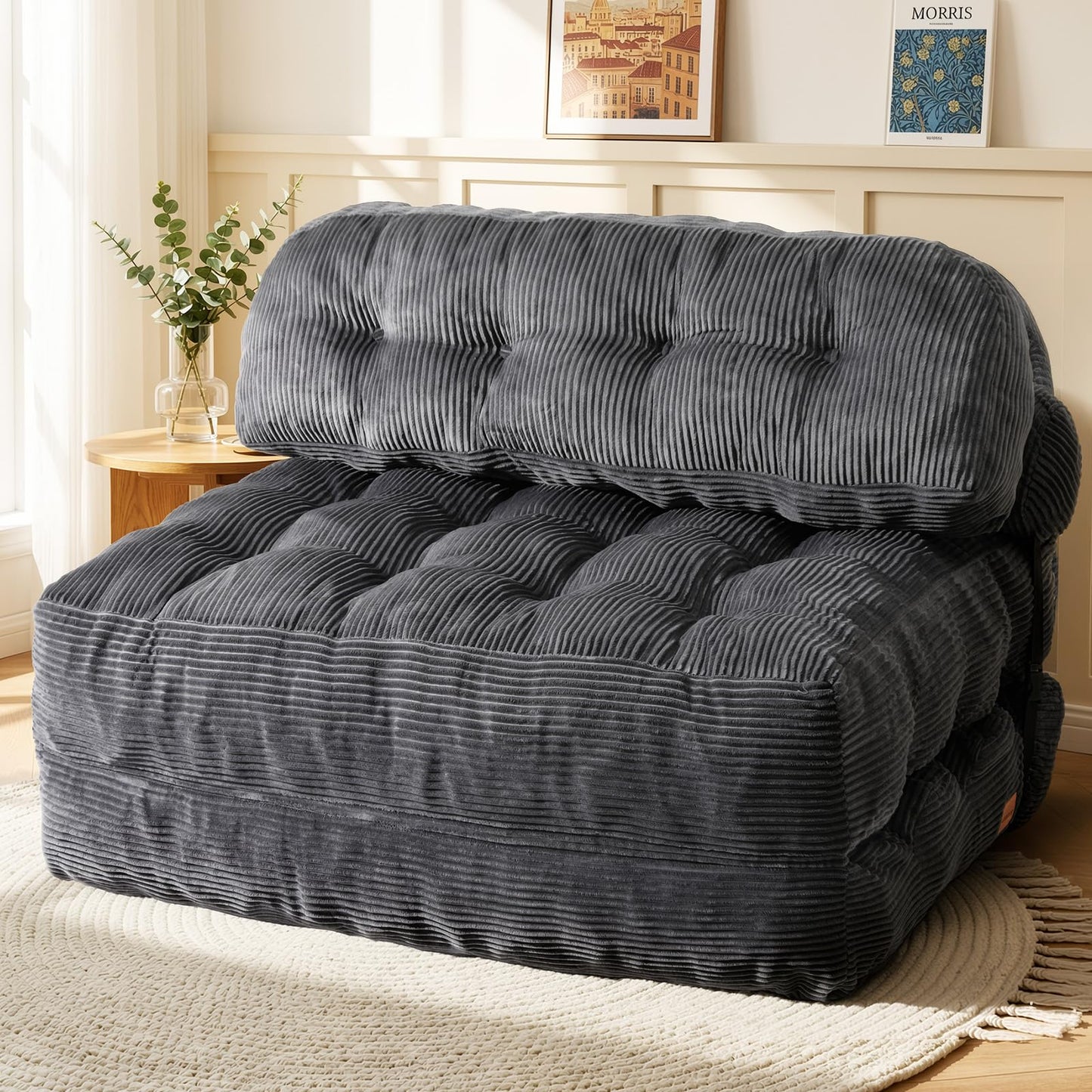 Vellorise Folding Sofa Bed, Convertible Sleeper Chair with Back Support and Pillow Futon, Boneless Matress, for Living Room/Guest Use/Home Office, Foldable Chair Bed for Adults, Dark Gray, Full