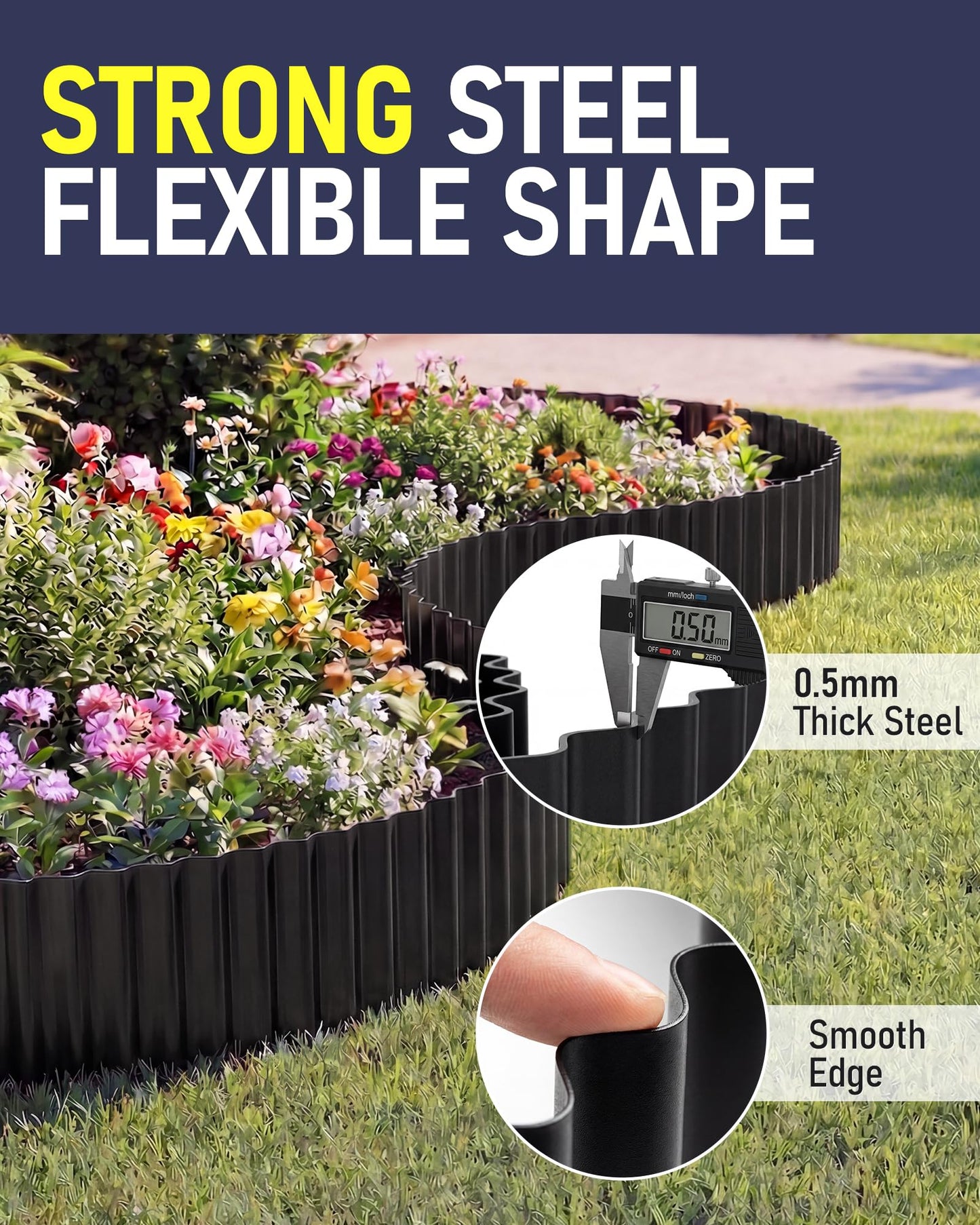 SOCONT Corrugated Metal Garden Edging, 12"×50Ft Durable Landscape Border for Garden, Lawn, Flower Beds and Paver Edging (Black)