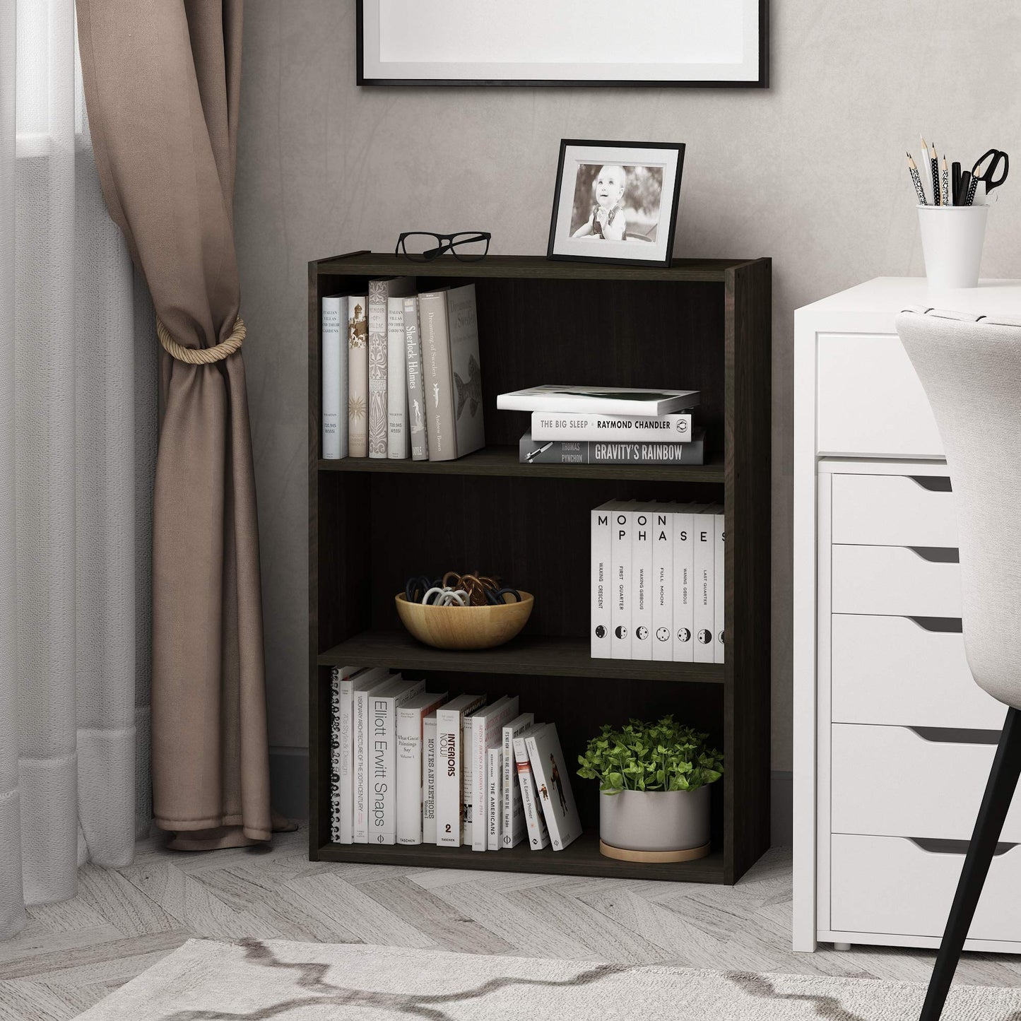 Furinno PASIR Book Shelf, 3-Tier Bookshelf, Storage Shelves Bookcase, 9.7 x 23.7 x 31.5, for Living Room, Bedroom, Home Office, Espresso