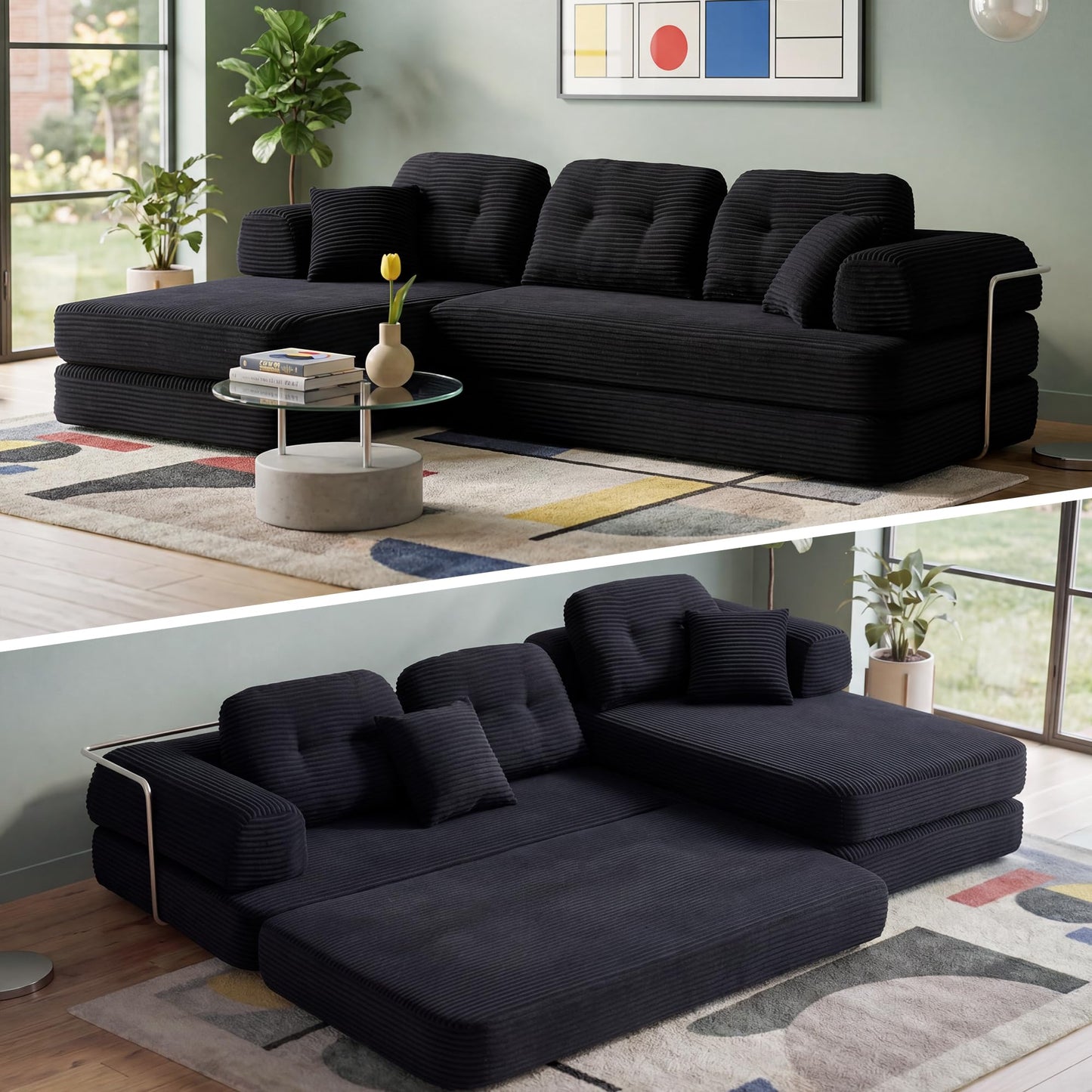 YasuSoofa Boneless Sectional Couch with Chaise, Convertible L-Shape Floor Sleeper with High Headrest, Modular Sofa Bed for Living Room Apartment, No Assembly, Gray