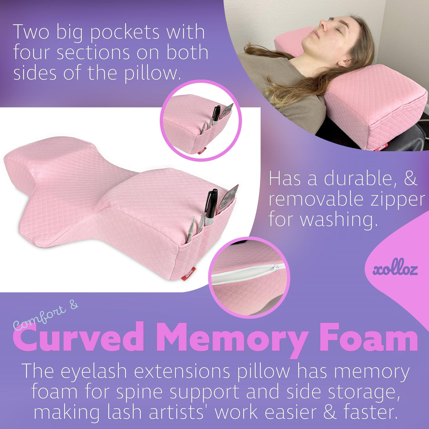 Lash Pillow for Eyelash Extensions - Curved Memory Foam Bed Pillow, Ergonomic Head Rest with Neck Support, Side Pockets for Tools, Fits Lash Beds for Tech – Pink