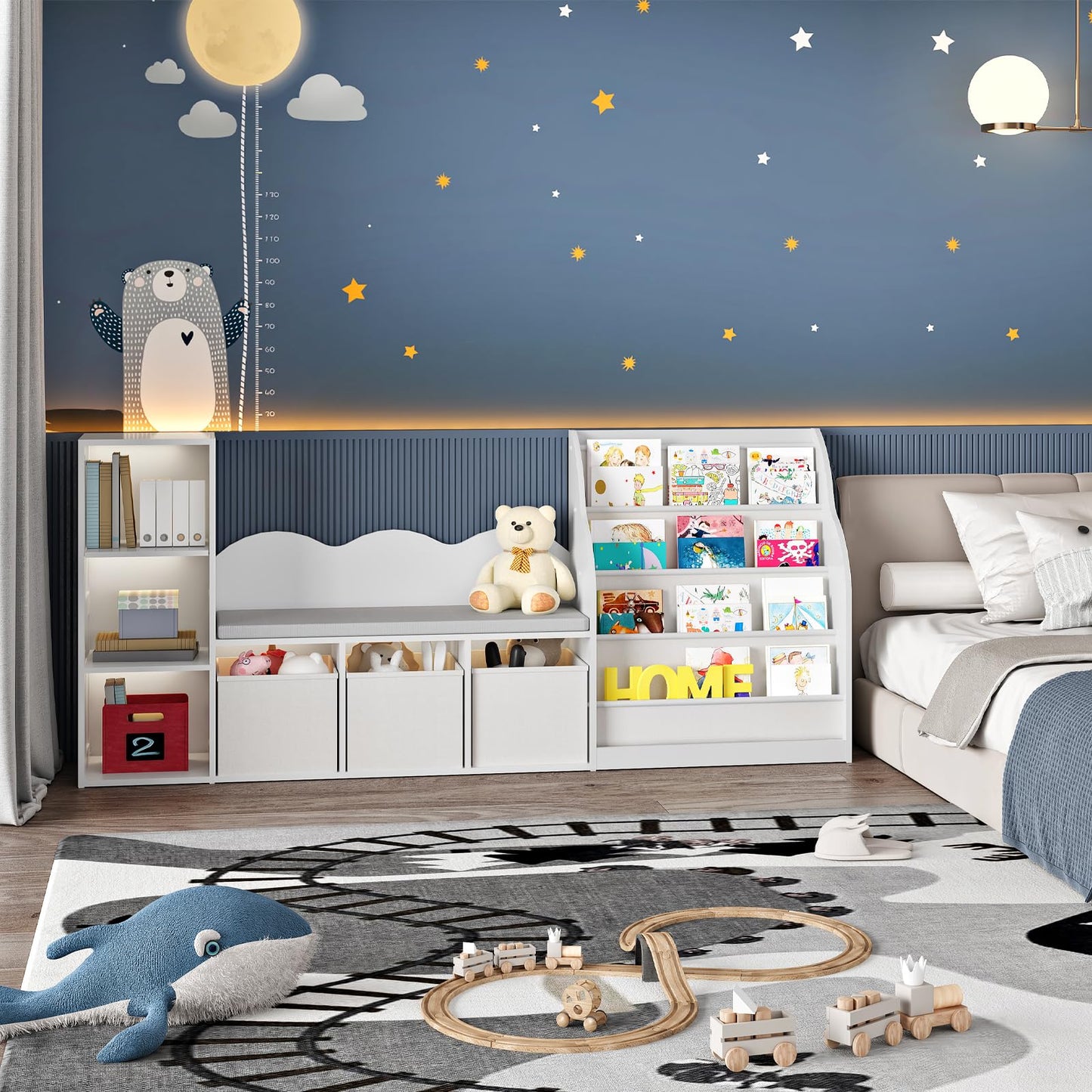 CHOEZON 66.9" Kids Bookshelf with Reading Nook, 3-in-1 Kids Bookcase with Cushion and Sling Shelf, Toy Chest Storage with Fabric Drawers, Reading Nook for Kids, for Playroom, Nursery, White MCW08WB
