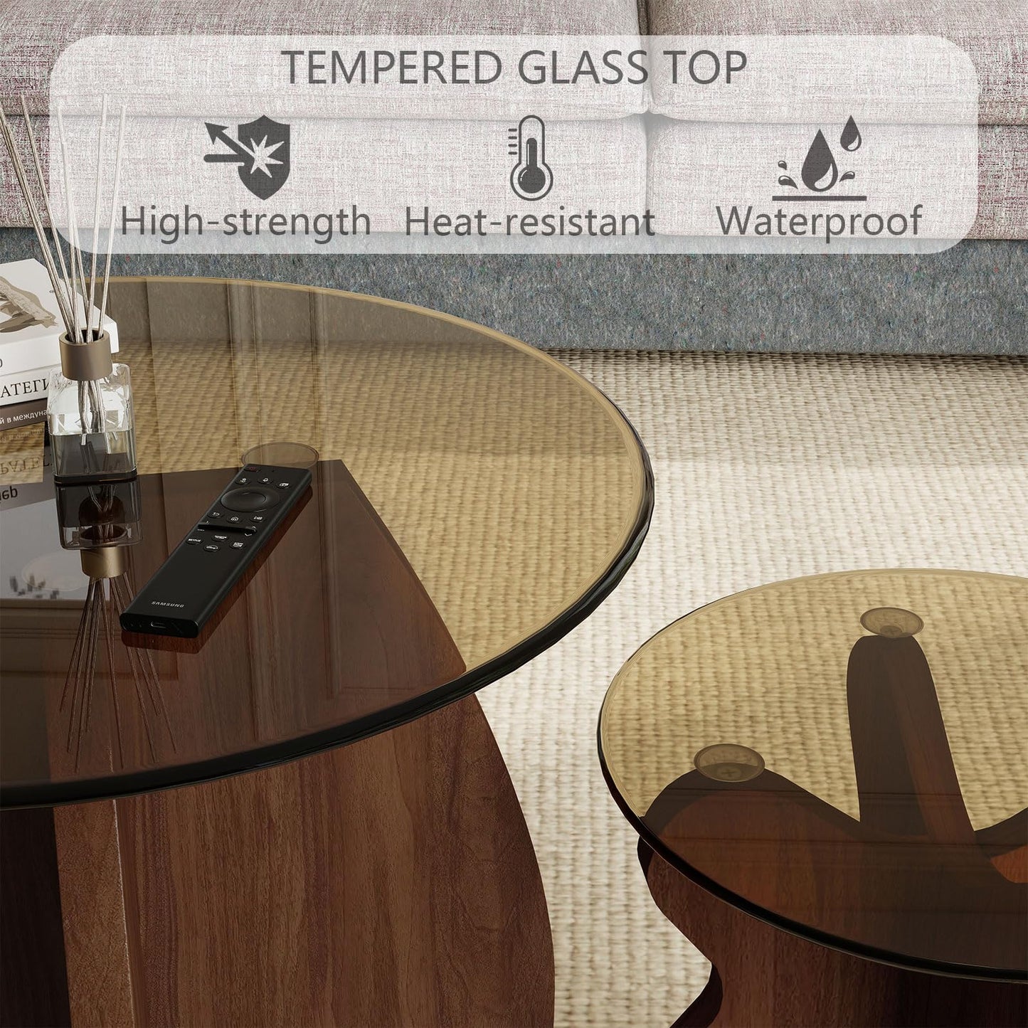 Permory MDF Frame Side Table with Brown Tempered Glass Top, Mortise and Tenon Joint Design, No Screw Easy Assembly, Sturdy End Table for Living Room, Bedroom (Shell-Brown)
