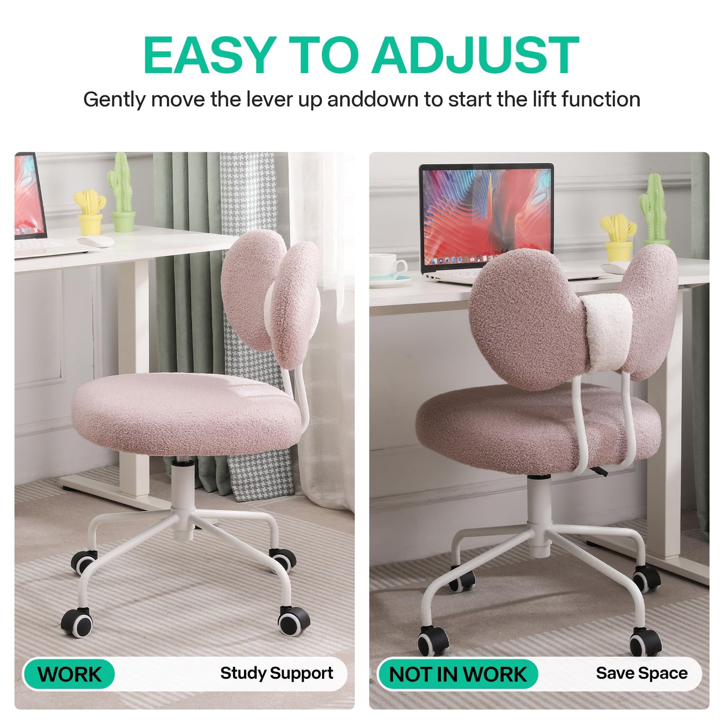 Shiepu Cute Desk Chair with Back,Comfy Small Office Chair with Wheels, Armless Adjustable Rolling Swivel Computer Chair for Home Office,Make-up Room,Bedroom,Vanity Chair for Girls,Teddy Velve,Pink