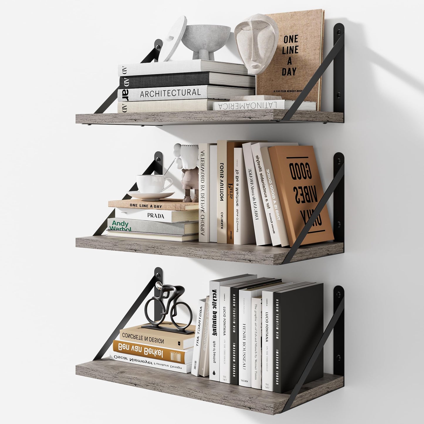 HausRegal Floating Shelves for Wall, 16W x 8D Wide Bookshelf with Brackets Set of 3, Wood Wall Mounted Shelves for Living Room, Kitchen, Bathroom, Bedroom and Decor Storage(Grey)