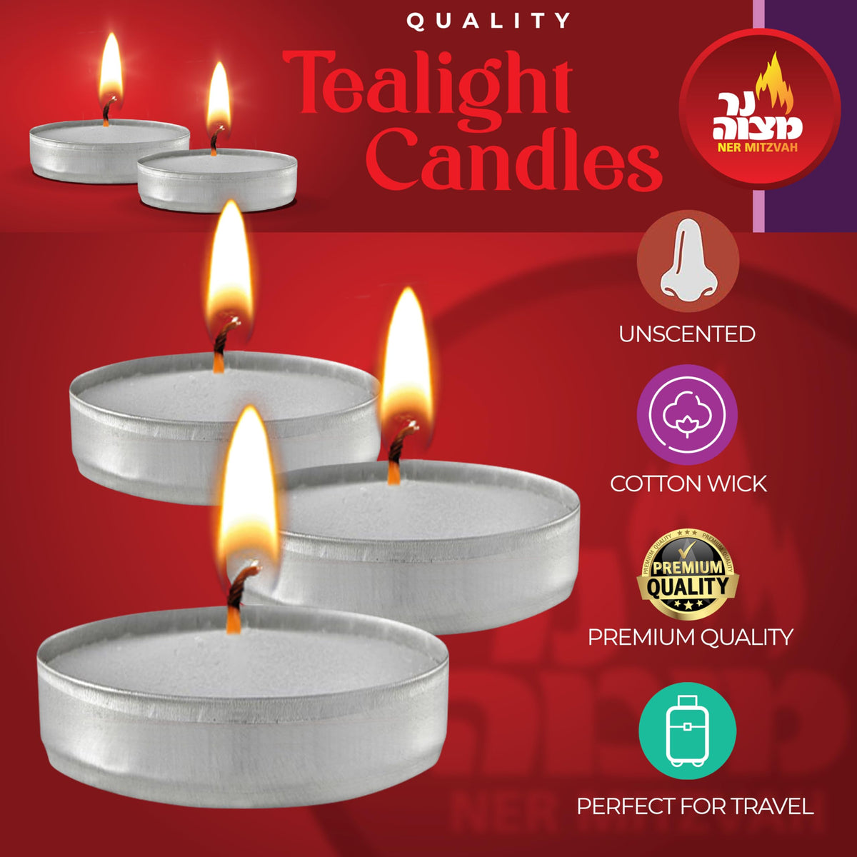 Ner Mitzvah Tealight Candles, Tea Lights Candles, White Tealights Unscented, 1.5 Hour Burn Time (Pack of 100), Bulk