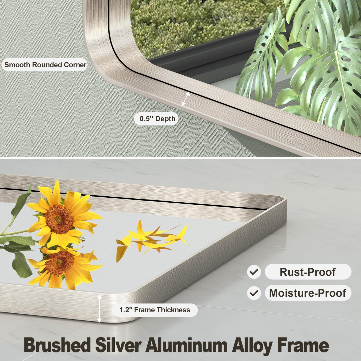 VANLIO 28x36 Inch Brushed Nickel Bathroom Mirror, Brushed Silver Metal Framed Wall Mirror, Rounded Rectangle Bathroom Vanity Mirror, Anti-Rust, Shatterproof (Horizontal/Vertical)