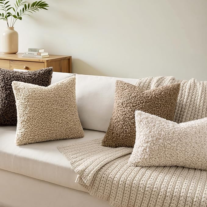Faux Fur Throw Pillow Covers 18x18 Inch Set of 2 Boucle Neutral Decorative