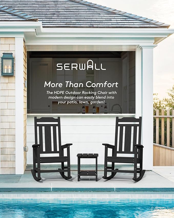 SERWALL Black Outdoor Rocking Chair Set of 2, All Weather Patio Rocking Chair