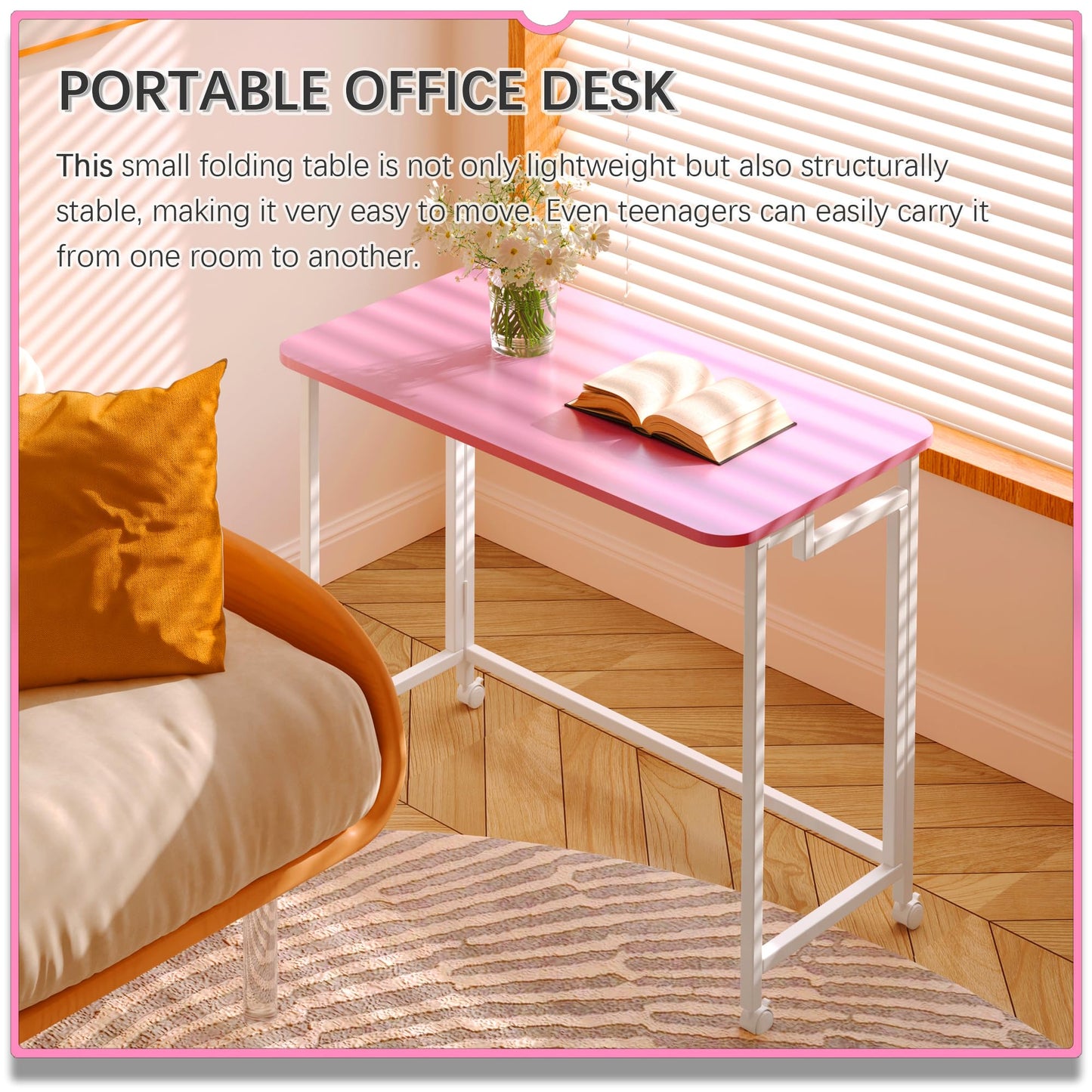 4NM 27.5" Mobile Small Rolling Computer Desk, Folding Laptop Cart Table with Wheels, Portable Office Desk for Small Space Couch Bed - Pink and White