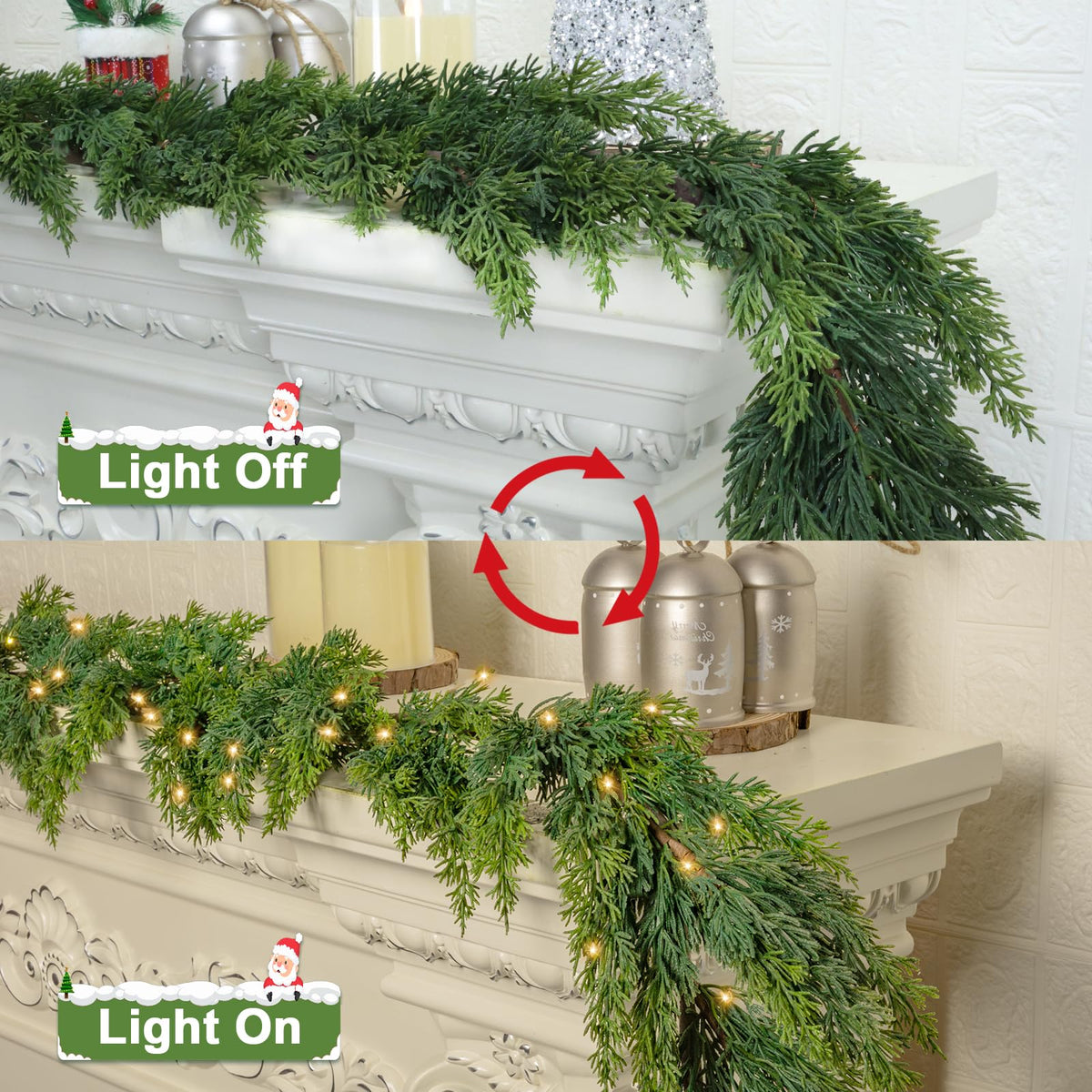 OZFHUA 6 FT Christmas Garland Pine Garland with Lights for Table Mantle Background Christmas Decorate Wall Room Outdoor Indoor Winter Decoration