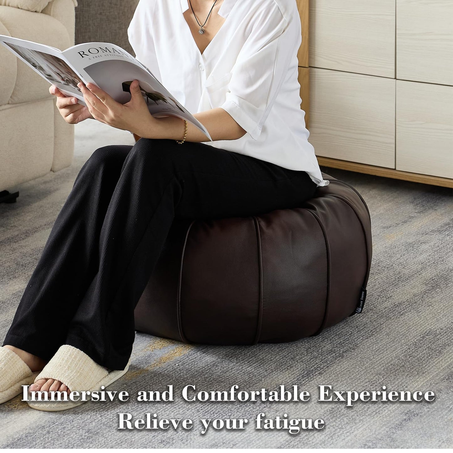 Louis Donné Brown Waterproof Faux Leather Unstuffed Pouf Ottoman, Handmade Moroccan Pouf Cover 21"x13", Round Floor Cushion Floor Chair Footstool for Living Room, Bedroom and Wedding (Only Cover)