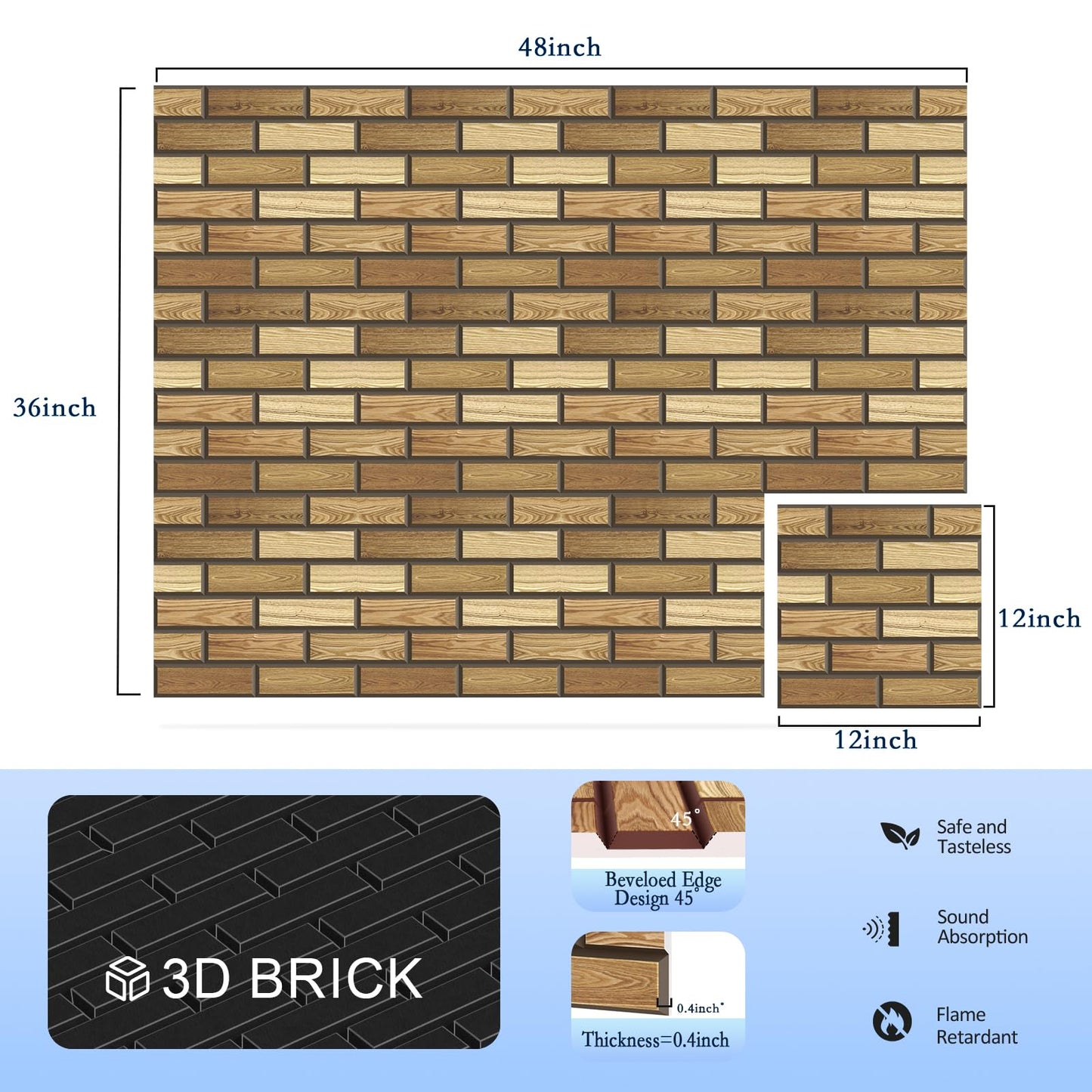 ArtVivid 12Pack Acoustic Panels, 12"×12"×0.4" Self-Adhesive 3D Brick Pattern Sound Proof Panels for Walls, High Density Decorative Acoustic Foam for Recording Studios, Offices, Faux Wood Grain Print