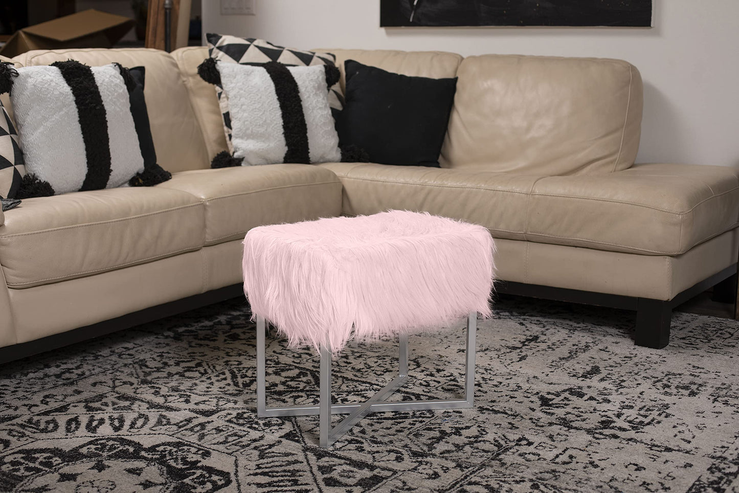 BIRDROCK HOME Rectangular Faux Fur Vanity Foot Stool Ottoman with Metal Legs - Small Soft Padded and Fluffy Makeup Seat or Foot Rest for Bedroom, Desk, or Dressing Table (Pink and White)