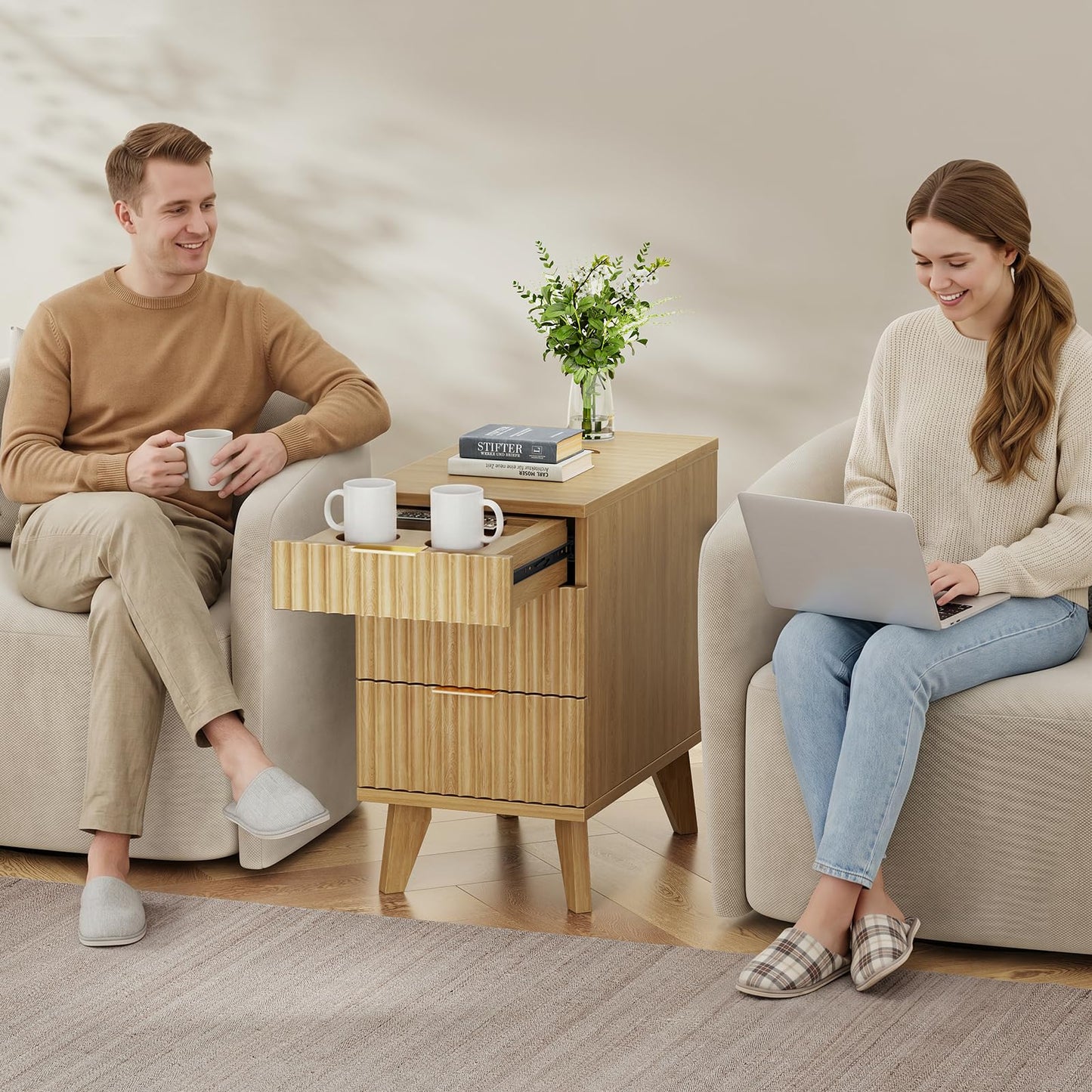 Kalrin Charging Nightstand with Hidden Outlets & 3 Drawers, Modern End Table, Bedside Table with USB Ports, Wave Groove Design, Compact Size, Heavy Duty Engineered Wood, Natural Wood Color