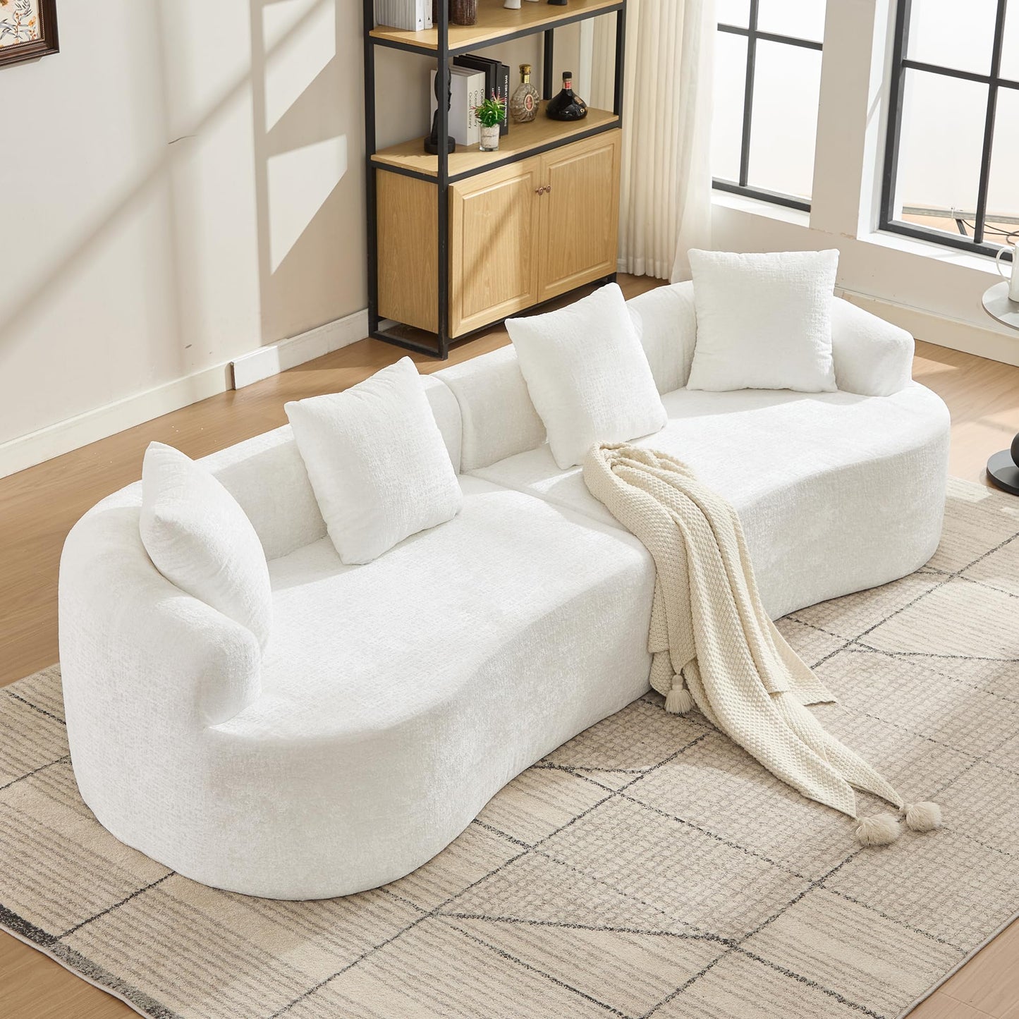 Sectional Sofa, Curved Cloud Sofa Couch, Chenille Full Sponge Chaise for Living Room, Apartment (Beige, 110 Inch)