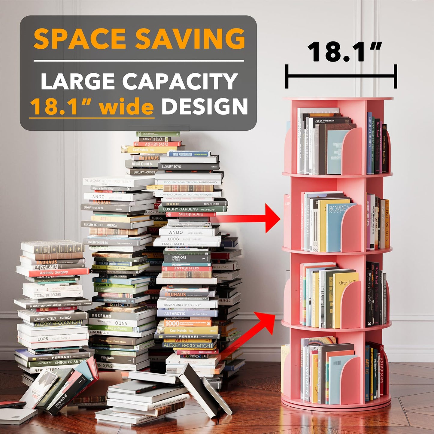 SpaceAid 4 Tier Rotating Bookshelf Tower, Spinning Bookcase Lazy Susan, Revolving 360 Book Shelf Storage Round Carousel, Vertical Rotate Turning Spiral Corner Organizer, Pink