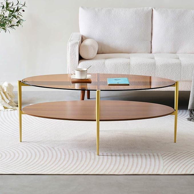 LumFurn Oval Glass Coffee Table, Mid-Century Modern Design, L43 x W22 x H17 inch