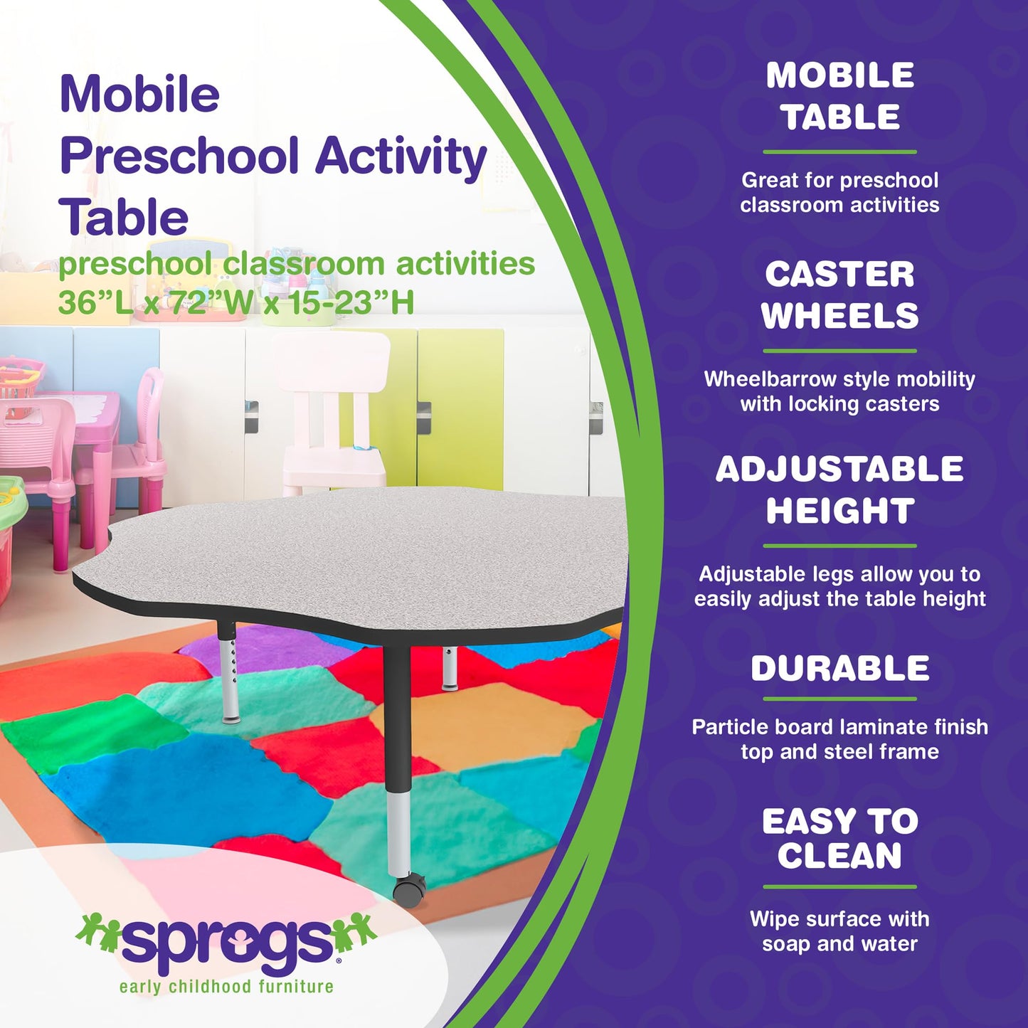Sprogs Adjustable Height Mobile Classroom Activity Table for Preschools, Flower Preschool Activity Table with Casters, 60" L x 60" W x 23" H, Gray/Black