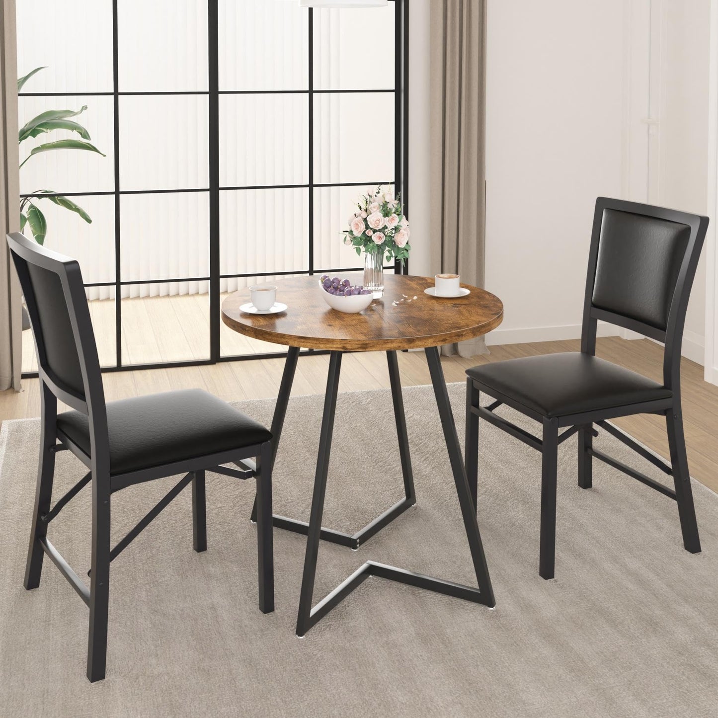 VECELO Folding Chairs Set of 4 with Cushion, Foldable Padded Seats with Heavy Duty Metal Frame for Kitchen/Dining/Living Room, No Assembly & Space Saving Design, Black