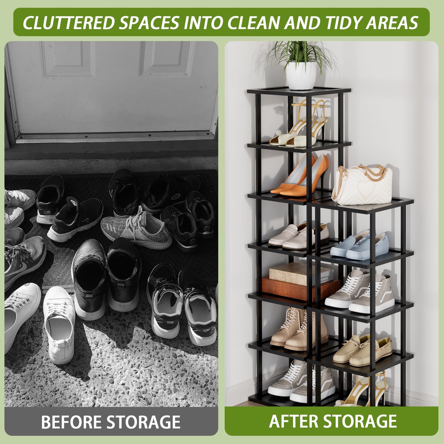 Vertical Tall Shoe Rack Organizer for Entryway -12 Tier Free Standing Slim Narrow Bamboo Wood Corner Stackable Shoe Boots Storage Stand Small Spaces for Closet Garage Cloakroom Living Room (Black)