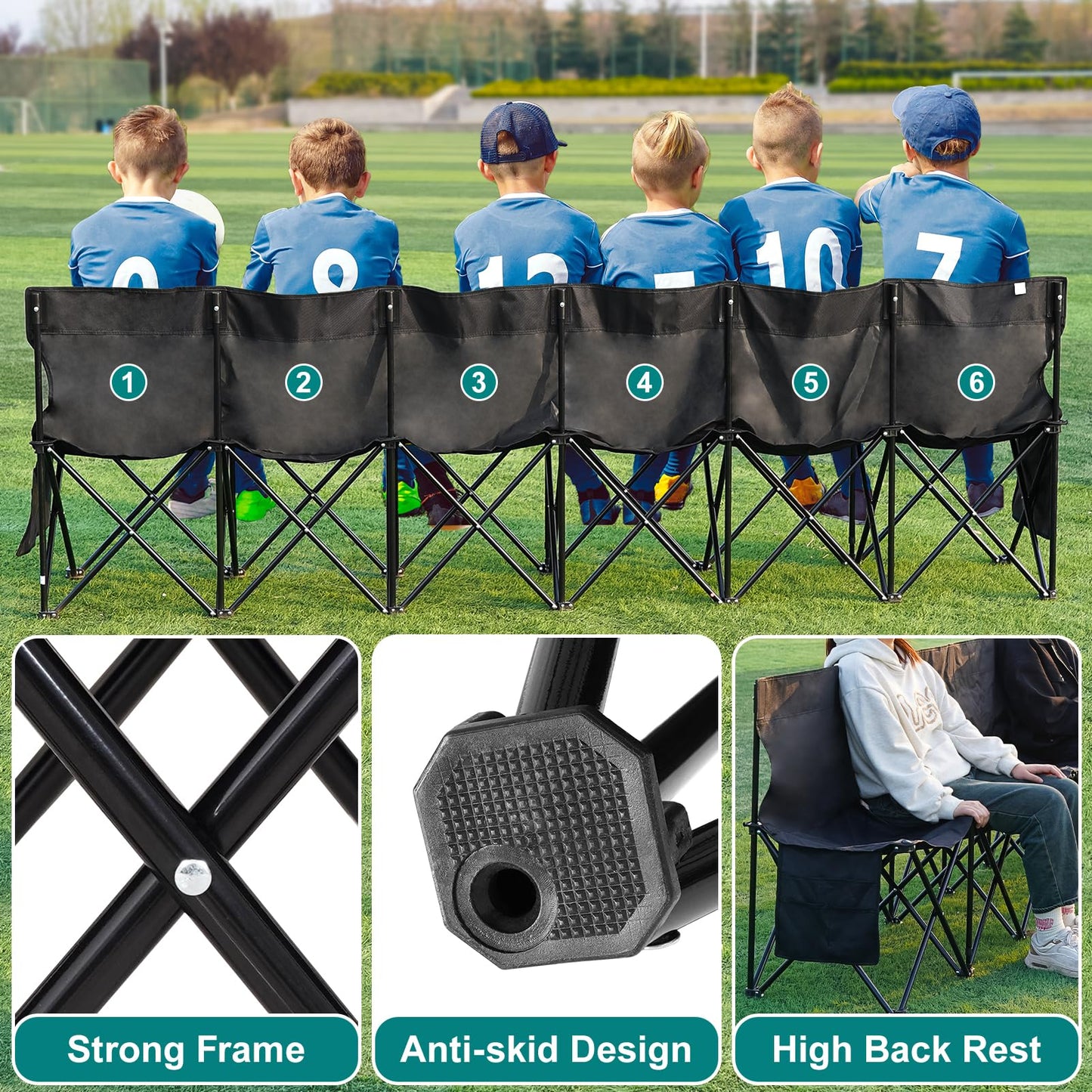 1MORE Soccer Bench - Portable Folding Team Bench, 6 Seats Foldable Sideline Benches, Soccer Chair with Bag & Backrest, Adult Team Chair for Football Camp Sport Events Outdoor Seating.Black