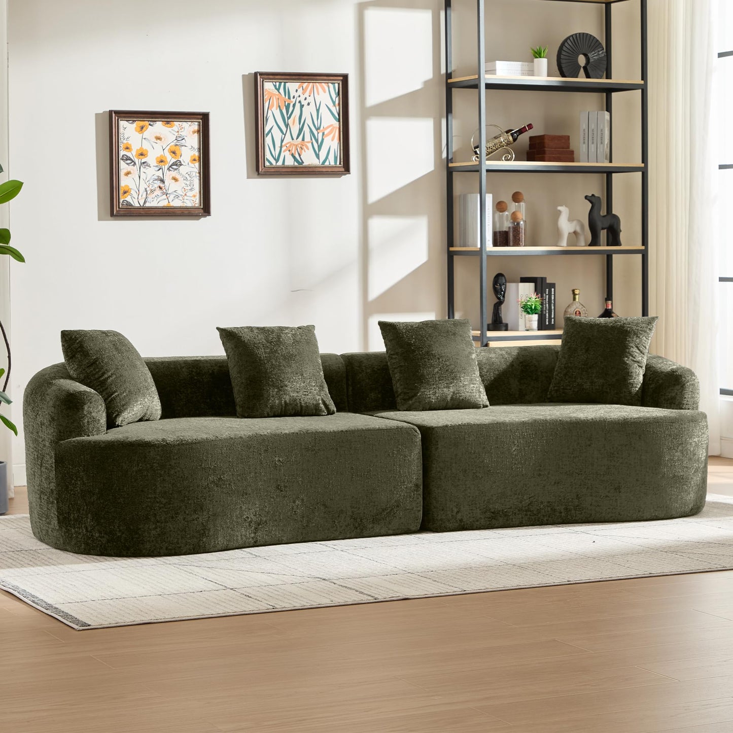Sectional Sofa, Curved Cloud Sofa Couch, Chenille Full Sponge Chaise for Living Room, Apartment (Olive Green, 110 Inch)