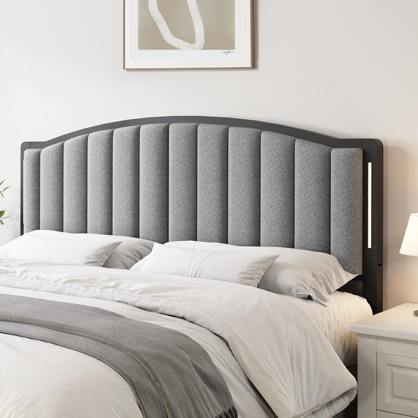 Salamir Headboard for Queen Size Bed with LED Lights, Upholstered Vertical Channel Tufting Head Boards, Linen Fabric Bed Headboard Only, Attach Frame, Ideal for Bedroom, Dorm, Guest Room, Grey