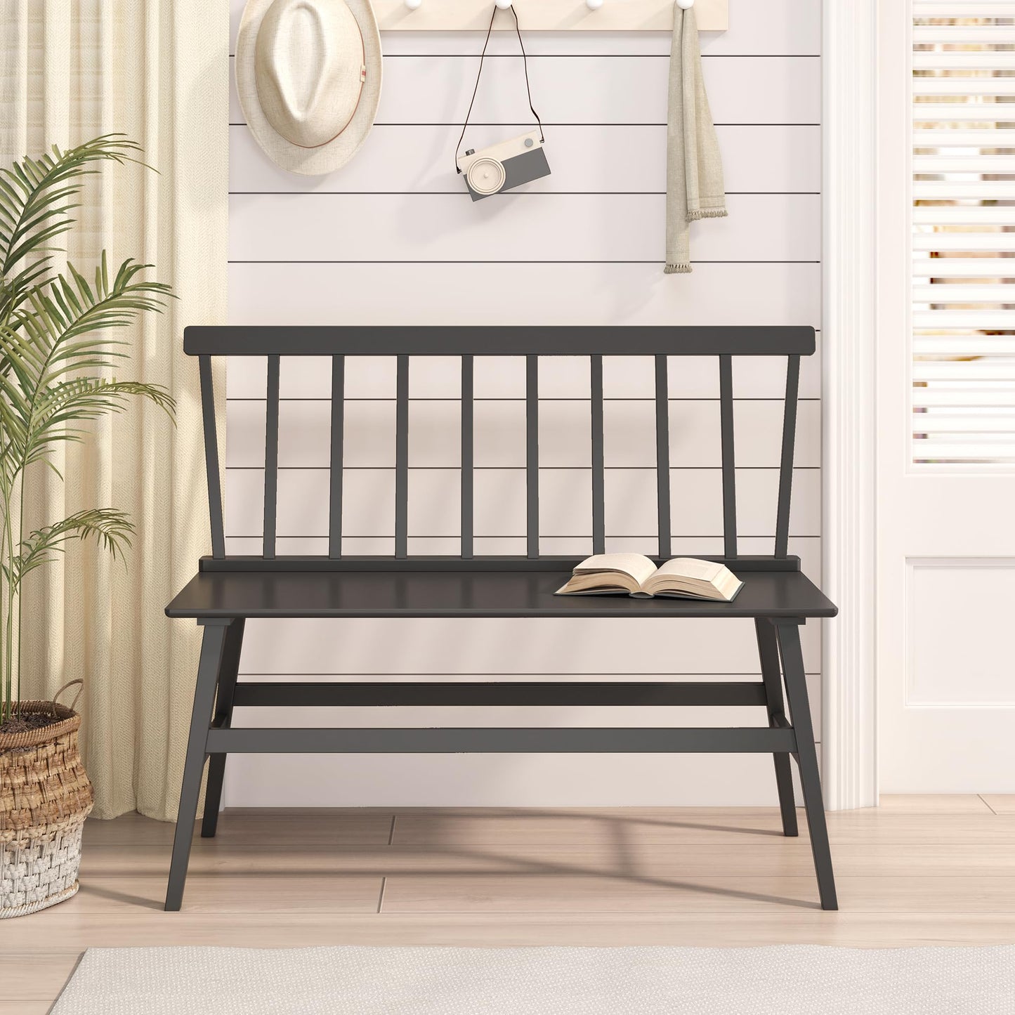 Wisuce Essentials Bamboo Dining Bench, Entryway Bench with Spindle Back Farmhouse Wood Windsor for Foyer Balcony Living Room (Black)