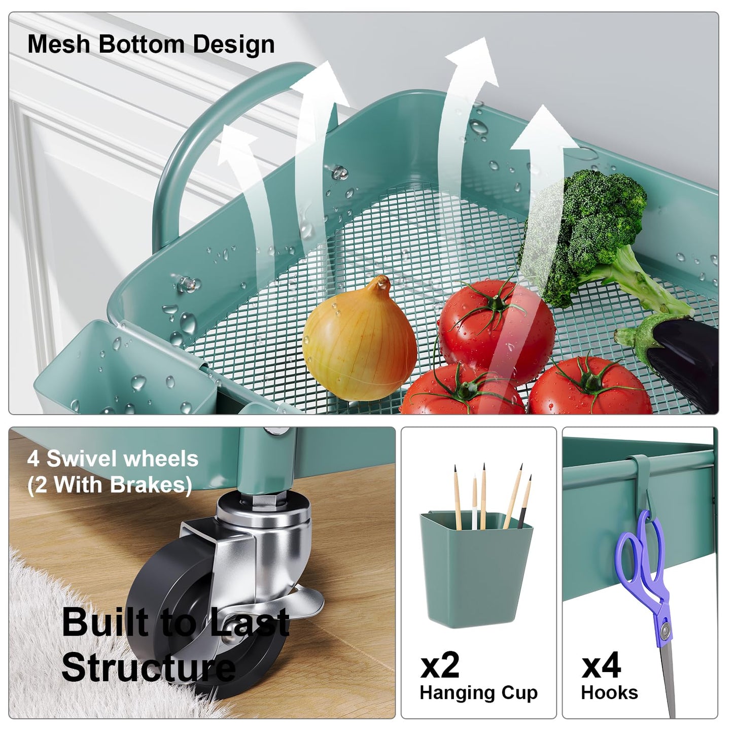 3 Tier Green Metal Rolling Cart with Lockable Wheels and Handle, 3 Tiered Utility Storage Organizer Carts for Teachers, Arts, Craft, Snack, Book, Bedside, Nursery, Cleaning Supplies, Easy Assembly