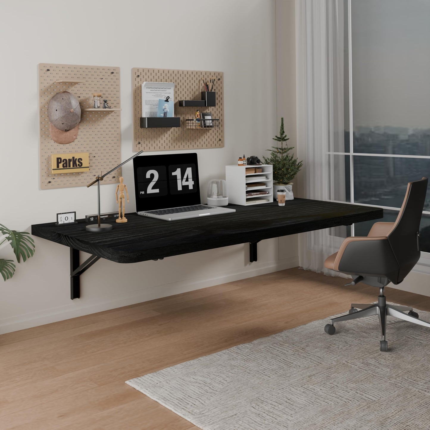 IAE Floating Wall Mounted Folding Table Desk with Pine Wood,36" x 22" Folding Workbench,Fold Down wall Mounted Foldable Table with Shelf Brackets,Laundry Folding Table for Apartment,Home,Kitchen,Black