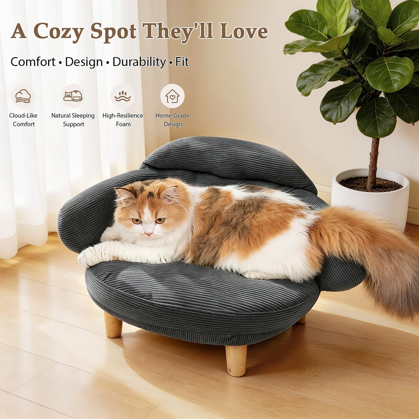Famifit Cat Sofa Furniture-Style Pet Bed with Removable Cotton Velvet Cover, Solid Pine Wood Legs, for Cats and Small Dogs, Gray