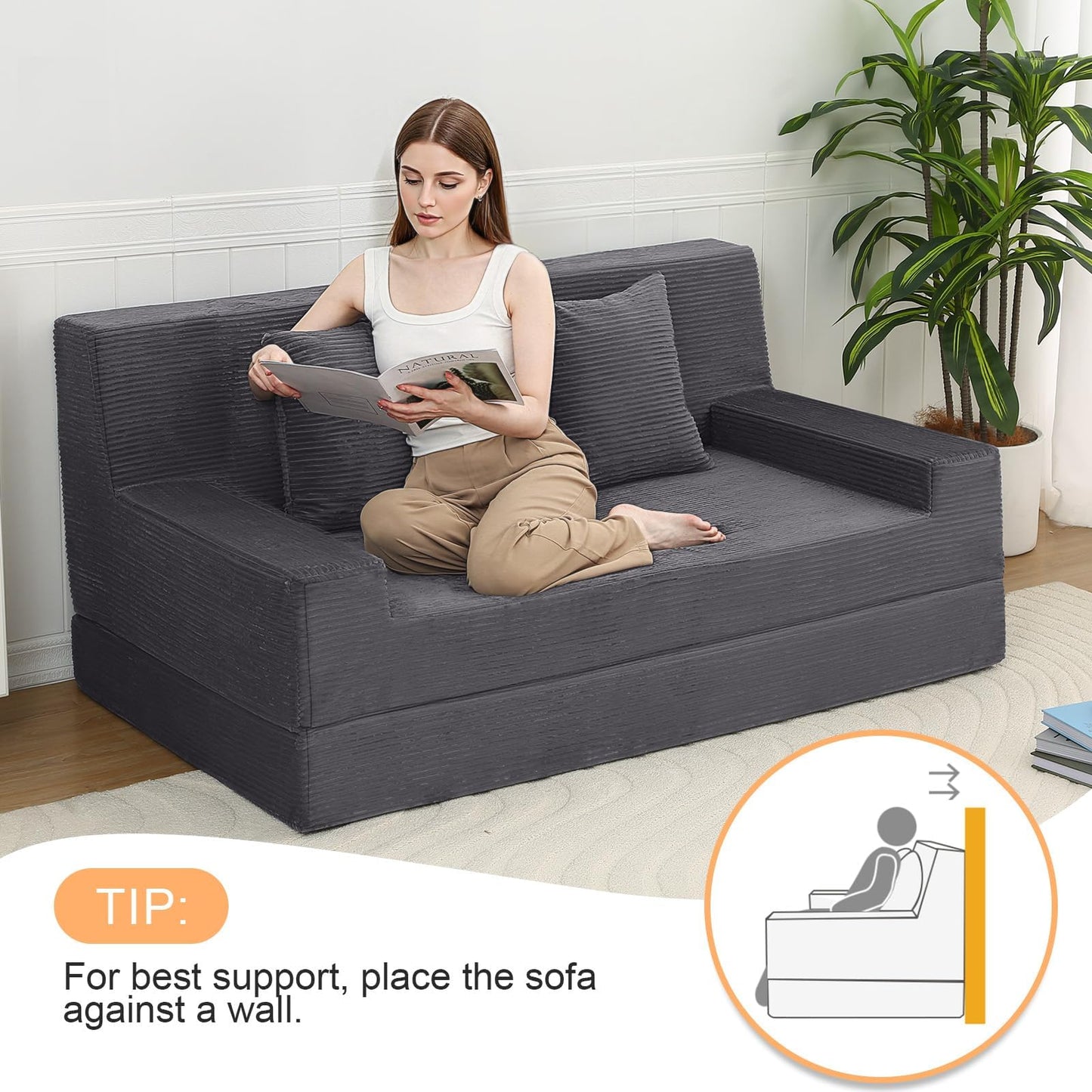 MeMoreCool Folding Sofa Bed Boneless Couch, 59" Loveseat Convertible Futon, Corduroy Foldable 2-in-1 Floor Sleeper for Small Living Room, Apartment, Guest Room, Foam Support & Washable Cover, Grey