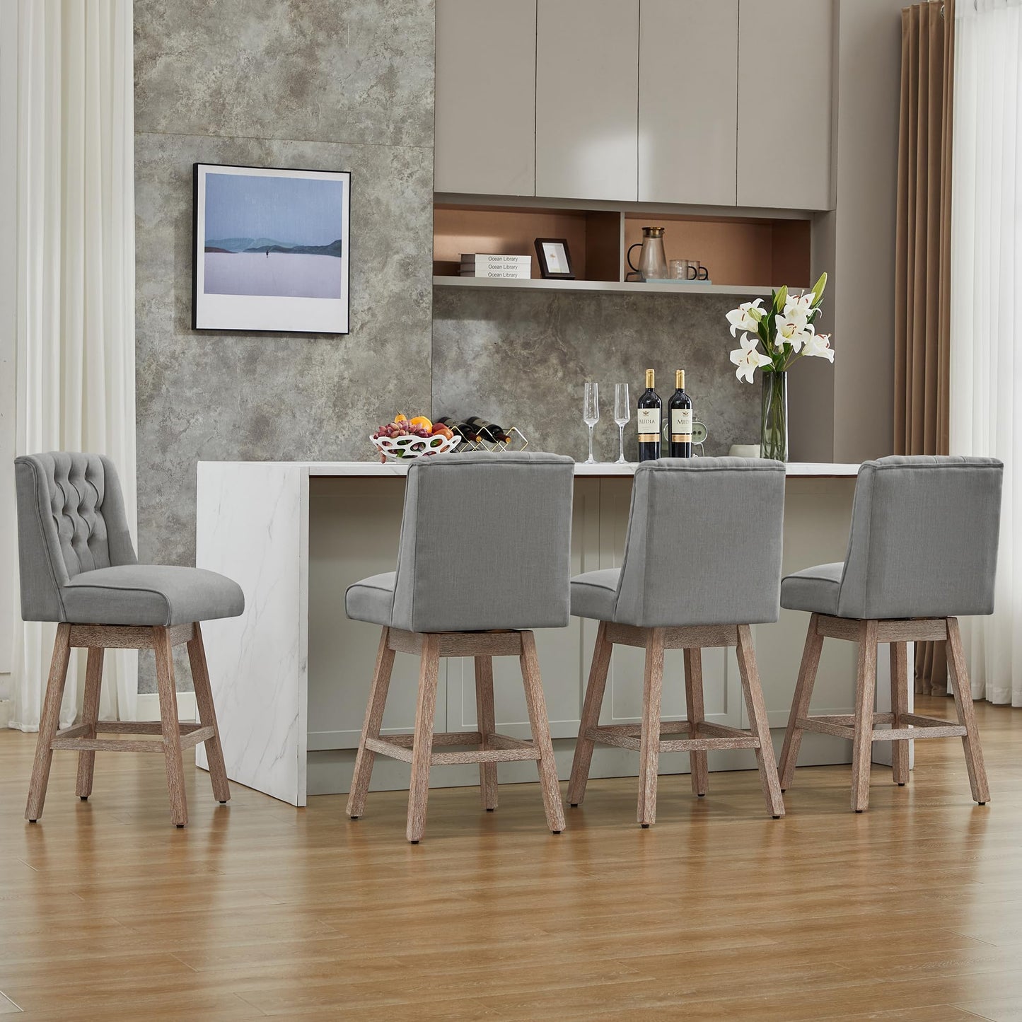 UDAX 26" Swivel Bar Stools Set of 4, Counter Height Barstools with Back, Linen Fabric Upholstered Bar Stools, Modern Barstools Wood Legs for Kitchen Island Dining Room Bar