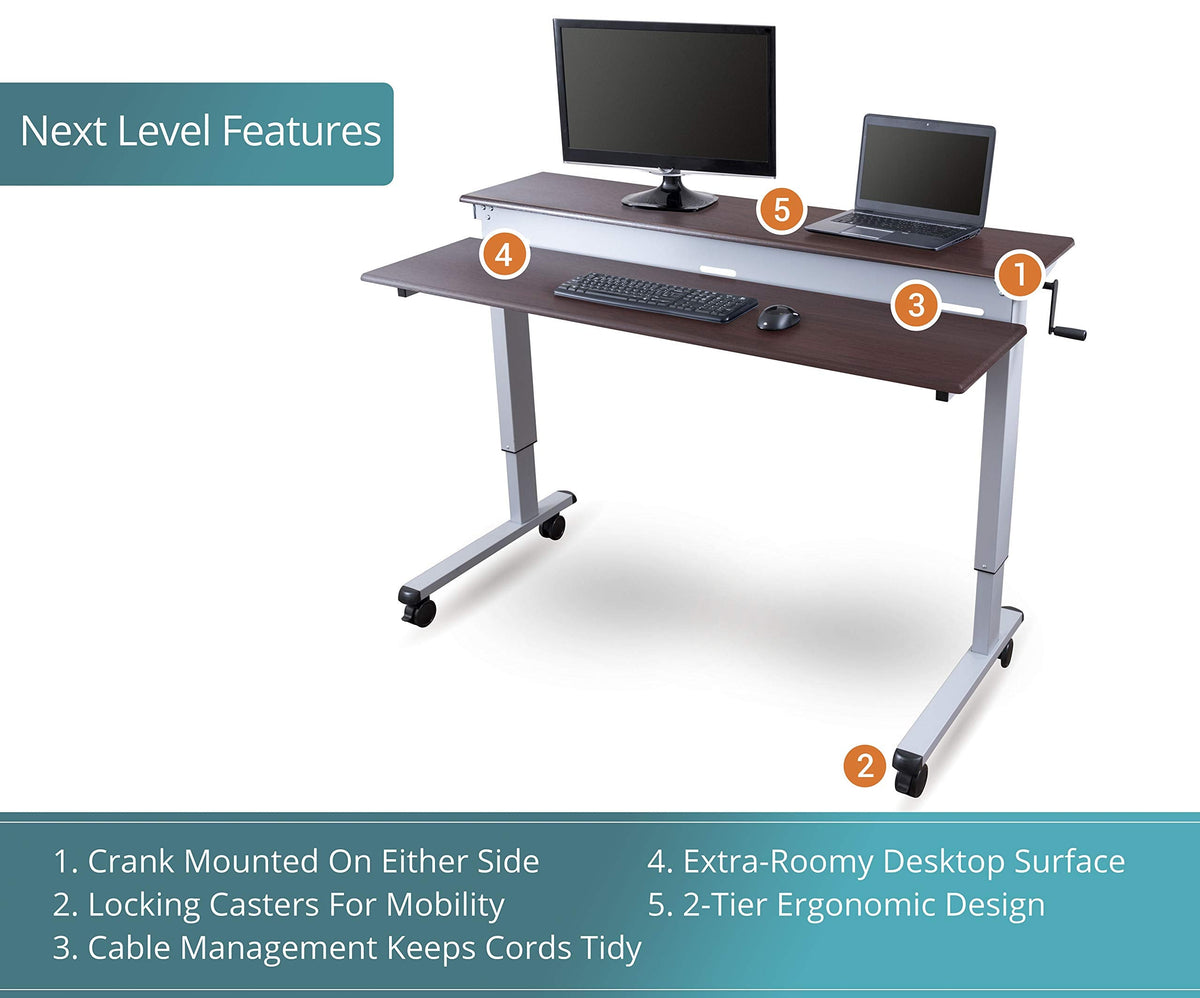 S STAND UP DESK STORE Crank Adjustable Tier Standing Desk with Heavy Duty Steel Frame (Silver Frame/Dark Walnut Top, 48in Wide)