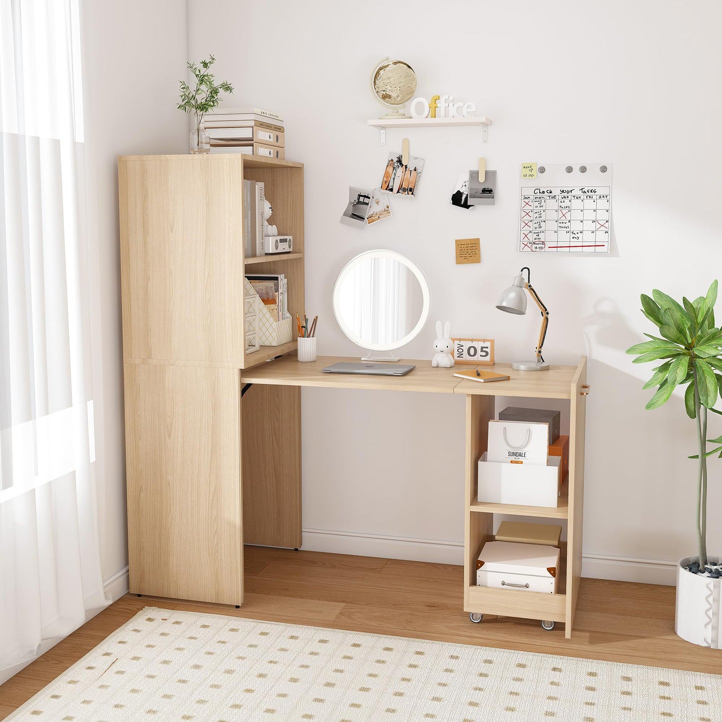 Stretchable Desk, Office Desk with Storage Shelves and Mobile Wheels, Foldable Desk Suitable for Small Apartments and Offices, White (Natural Wood)