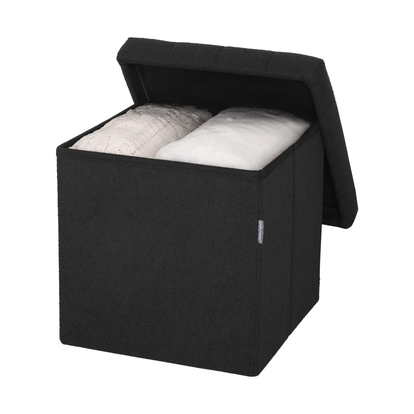 Seville Classics Cushioned Fabric Ottoman Hidden Storage Chest Footrest Chair, Padded Seat for Bedroom, Dorm, Loft, Living Room, Entryway, Hallway, Black Boucle, 15.7" Cube