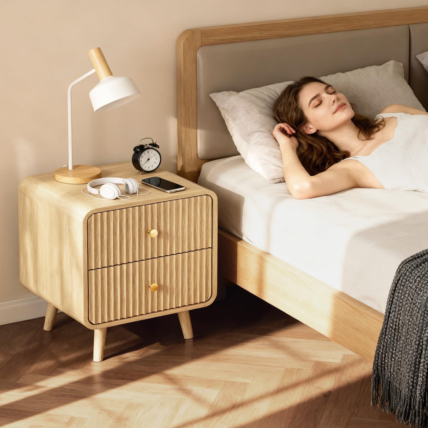 Decofy Fluted Nightstands with 2 Drawers, 19.7'' Wide Wood End Table with Curved Profile Design, Mordern Beside Table with Metal Handle for Bedroom, Oak