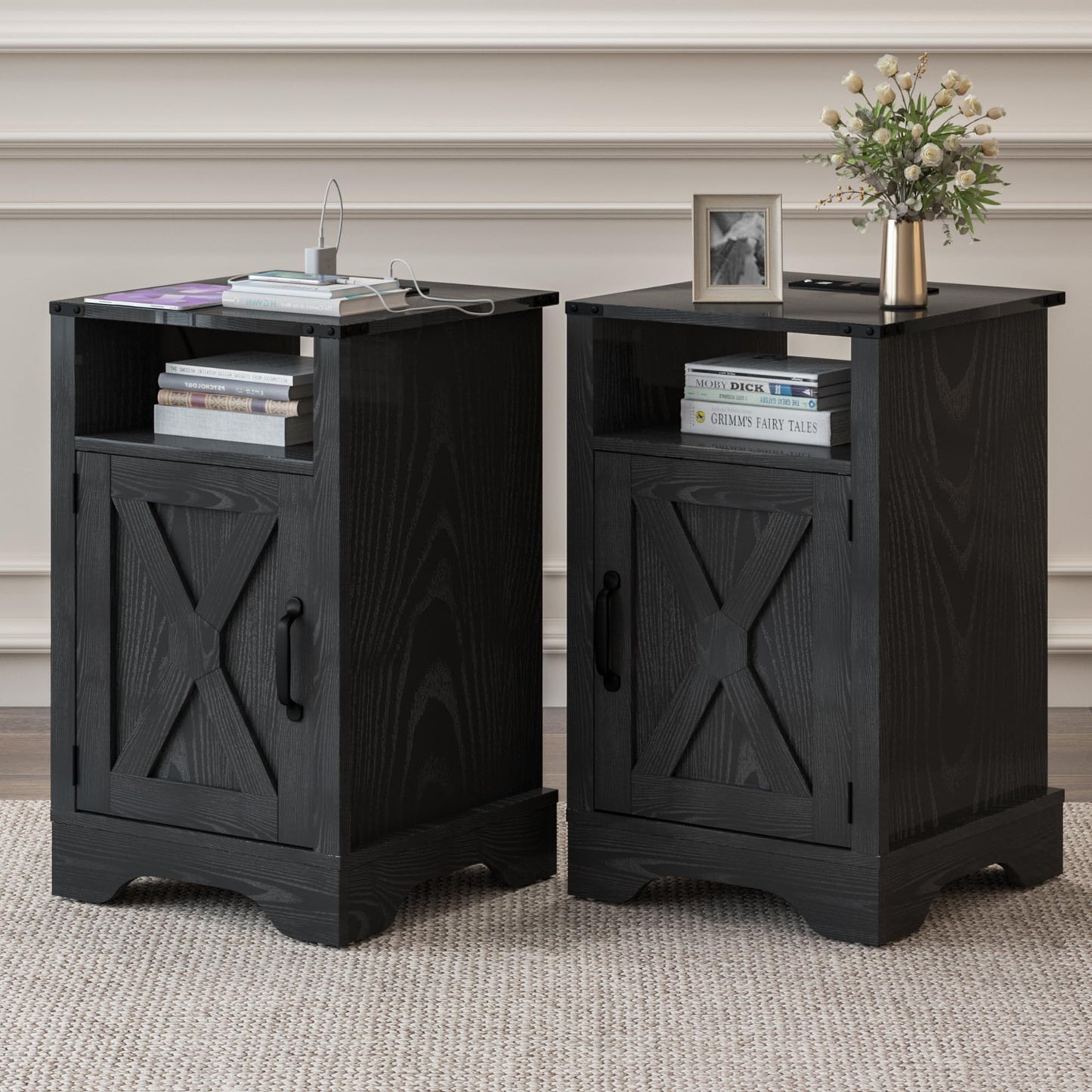 RoyalCraft Farmhouse Nightstand Set of 2, End Table with Charging Station, Tall Bedside Table with Large Storage and Shelf, Wooden Side Table with for Bedroom, Home Office, Black