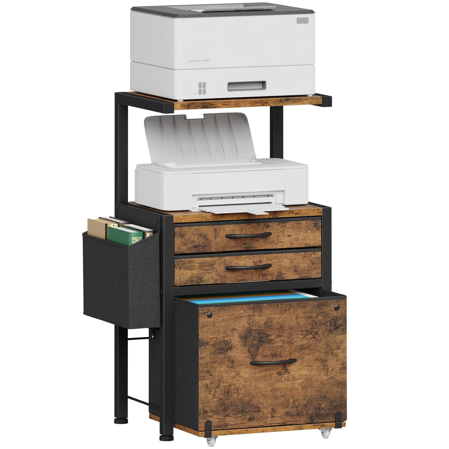 HIGDBFE 3-Drawer File Cabinet, Filing Cabinet with 2-Tier Printer Shelves, Office Cabinets with Side Bag&File Drawer for A4/Letter Size, Printer Stand with Storage for Home Office, Rustic Brown