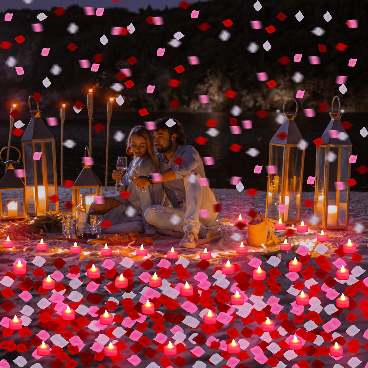 Honoson 1000 Pieces Artificial Rose Petals with 24 Pcs Flameless Heart Shaped LED Tealights Candles Special Romantic Night Decorations for Proposal Wedding Anniversary Table Decor(White with Red)