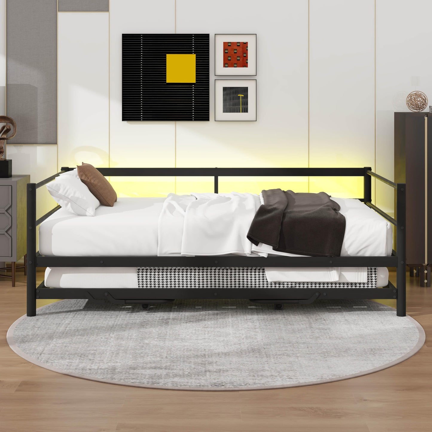 YunNianYang Twin Size Black Metal Daybed with LED and Adjustable Trundle