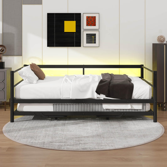 YunNianYang Twin Size Black Metal Daybed with LED and Adjustable Trundle