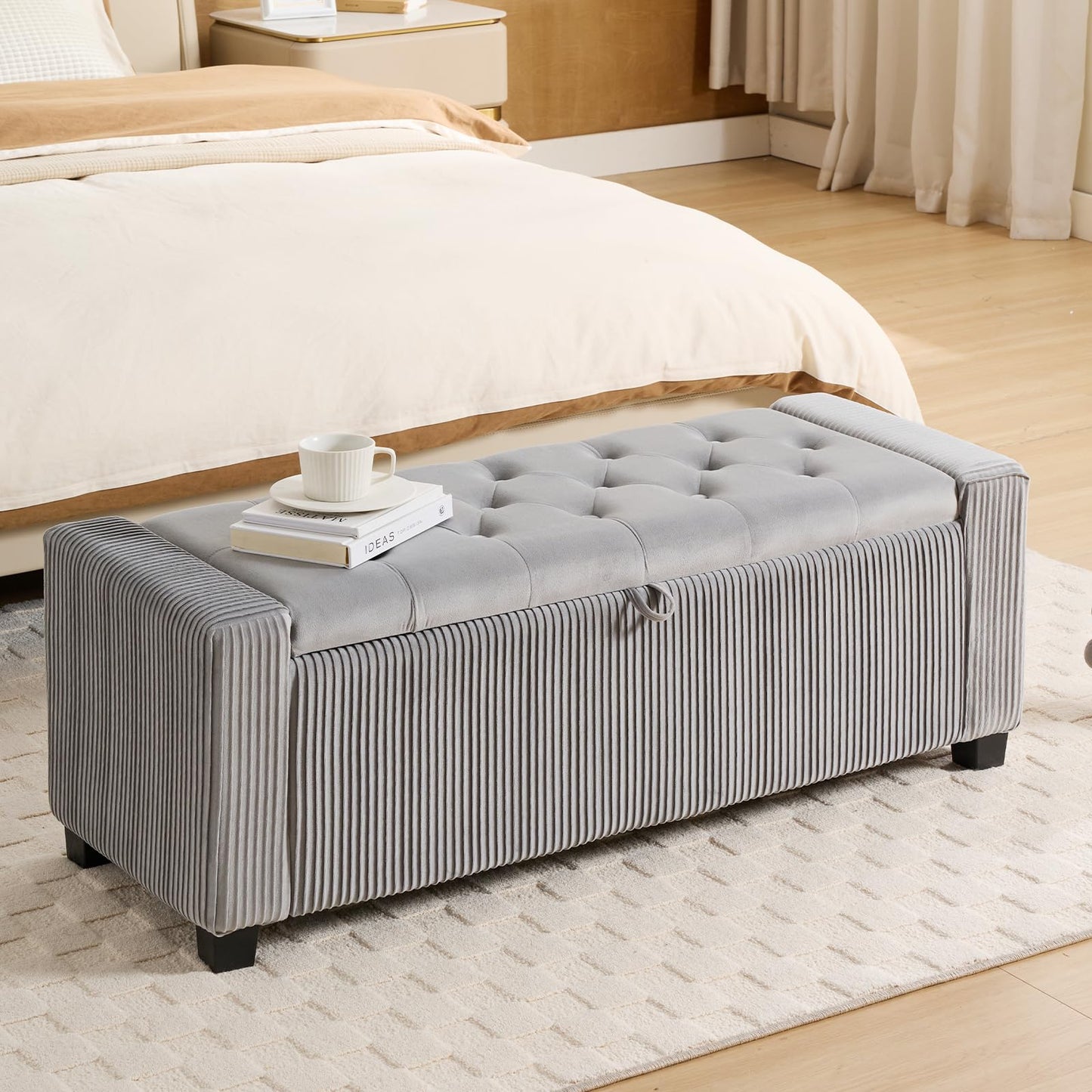 2BYF 43" Ottoman Bench with Storage for Bedroom, Comfort Upholstered End of Bed Storage Bench with Safety Hinges, Sturdy Wooden Footstool & Shoe Bench for Living Room, Entryway (Grey)