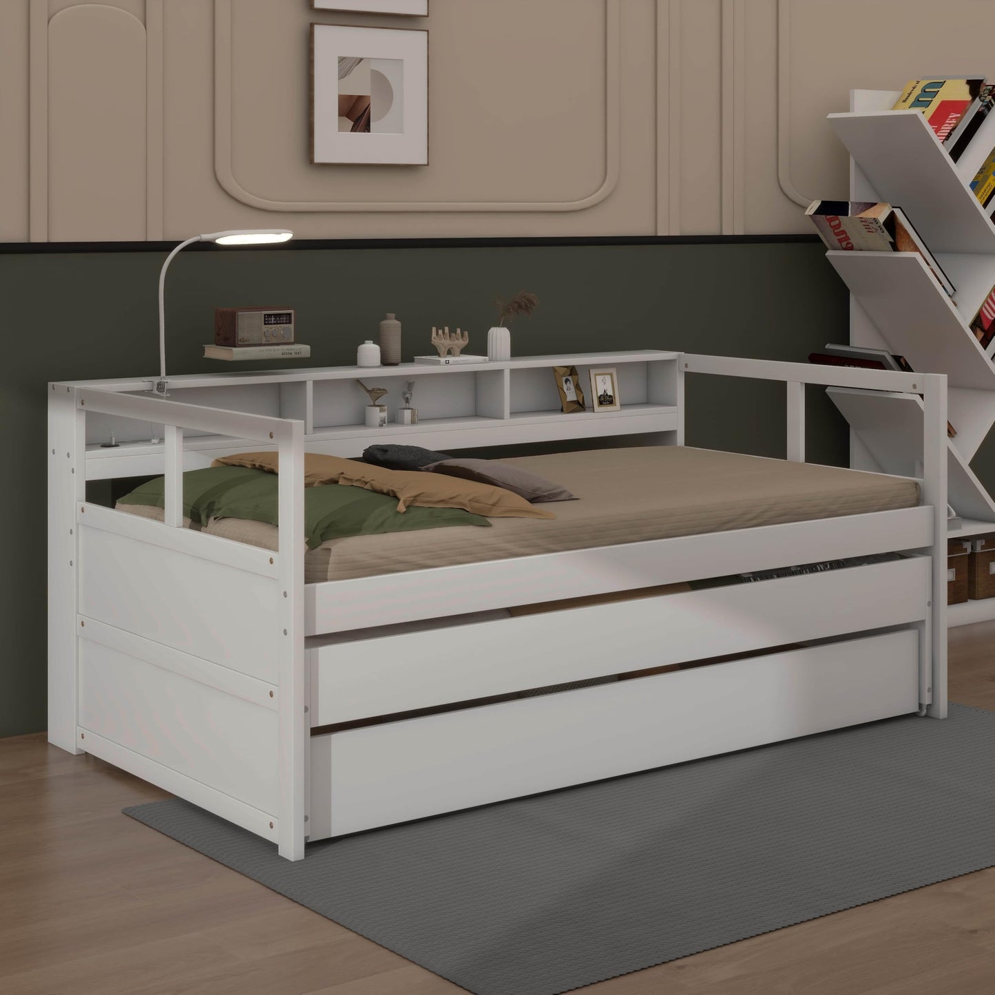 YunNianYang Twin XL Wood Daybed with 2 Trundles, 3 Storage Cubbies, 1 Light for Free and USB Charging Design (White)