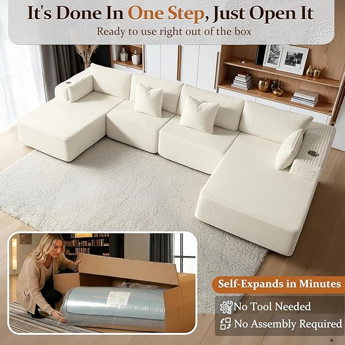 138" Cloud Sectional Couch, Comfort U Shaped Sofa