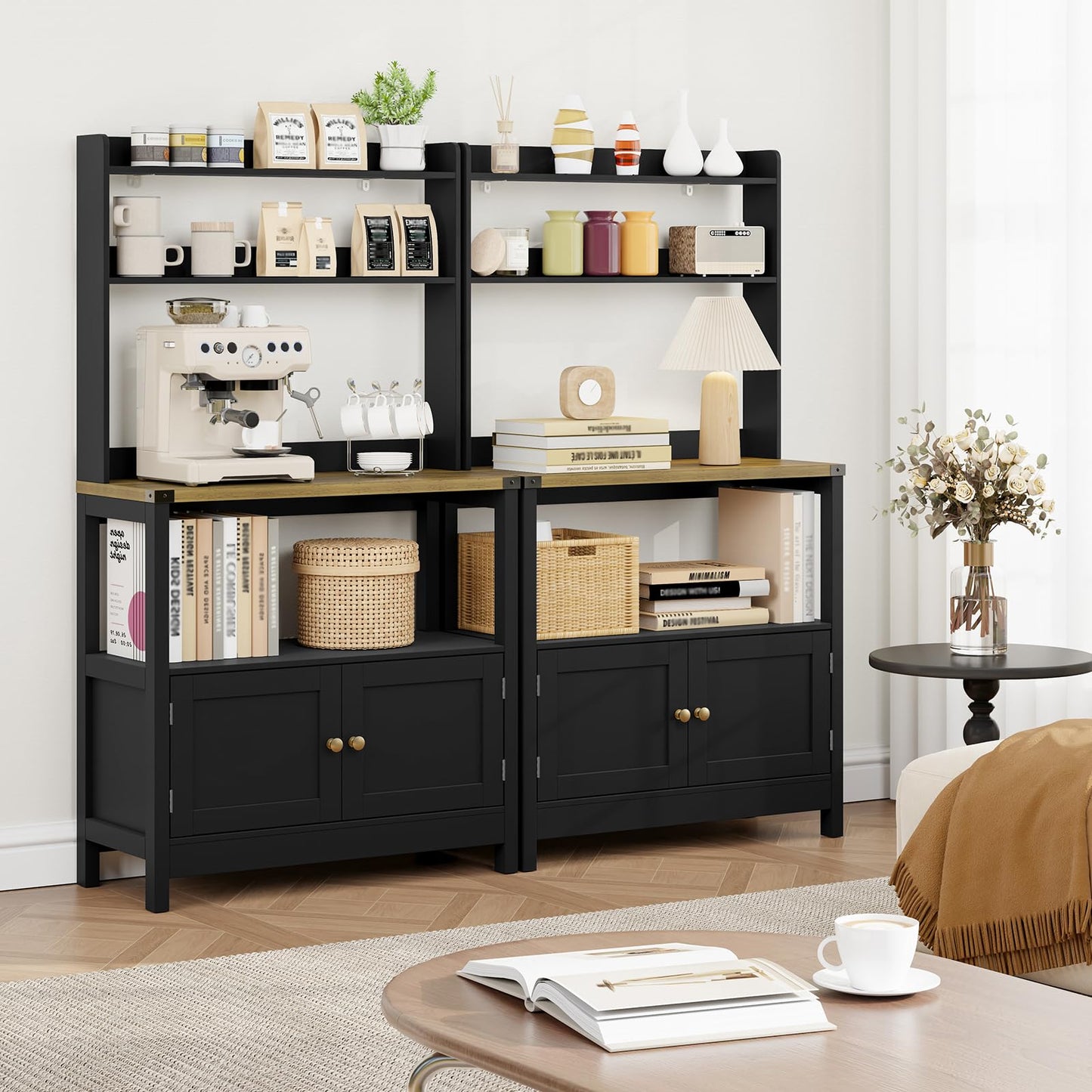 Lomojo Microwave Standing Baker's Racks Cabinet, 5-Tiers Coffee Bar (Black)