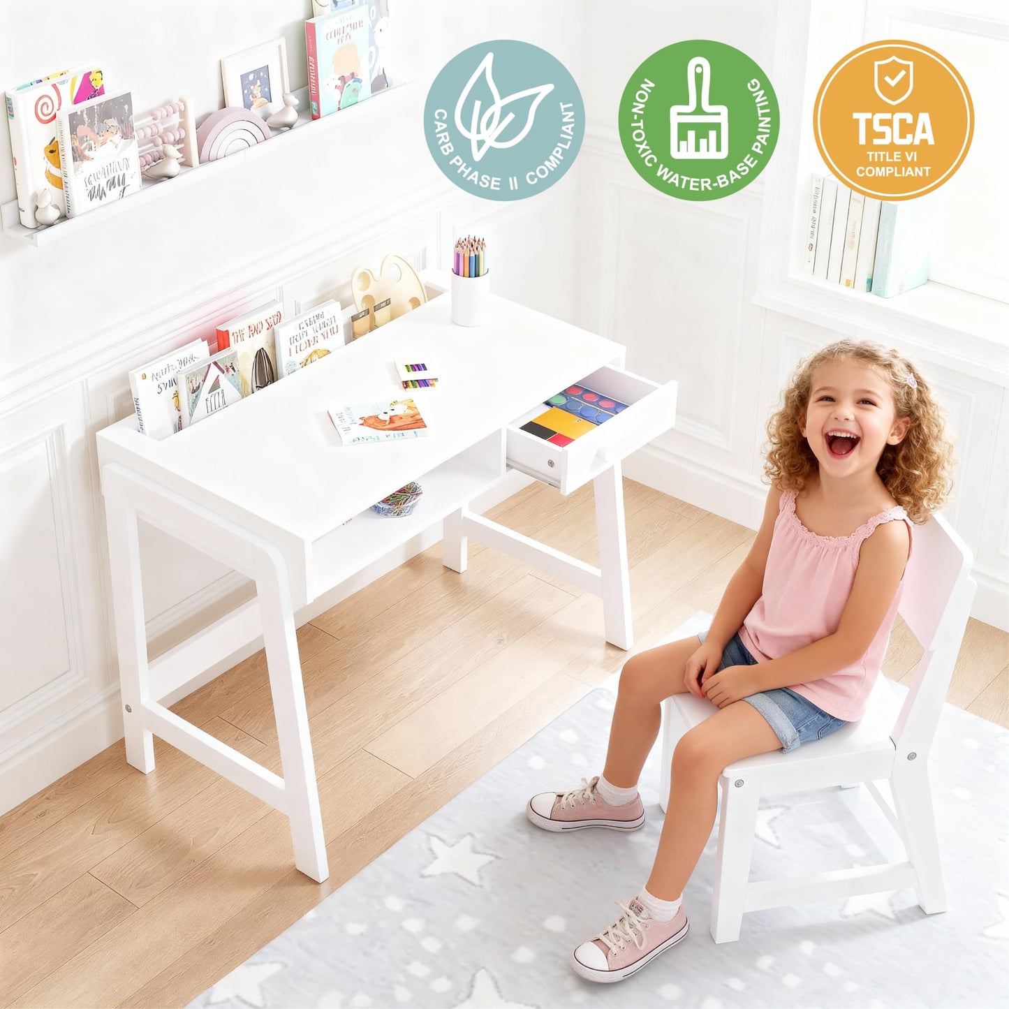 UTEX Kids Desk and Chair Set, Study Desk for Kids with Storage Bins, Wooden Children Study Table, Student Writing Desk for Bedroom & Study Room (1 Open & 1 Drawer)