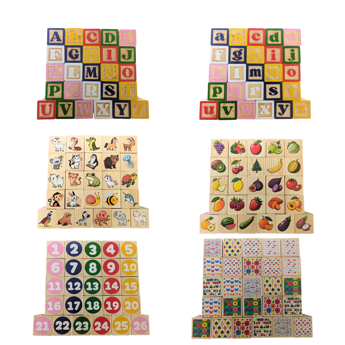 Tot Dojo ABC-123 Pine Wood Educational Blocks Set, 26 Pieces – Alphabet, Numbers, Animals, Fruits & Patterns for Toddlers