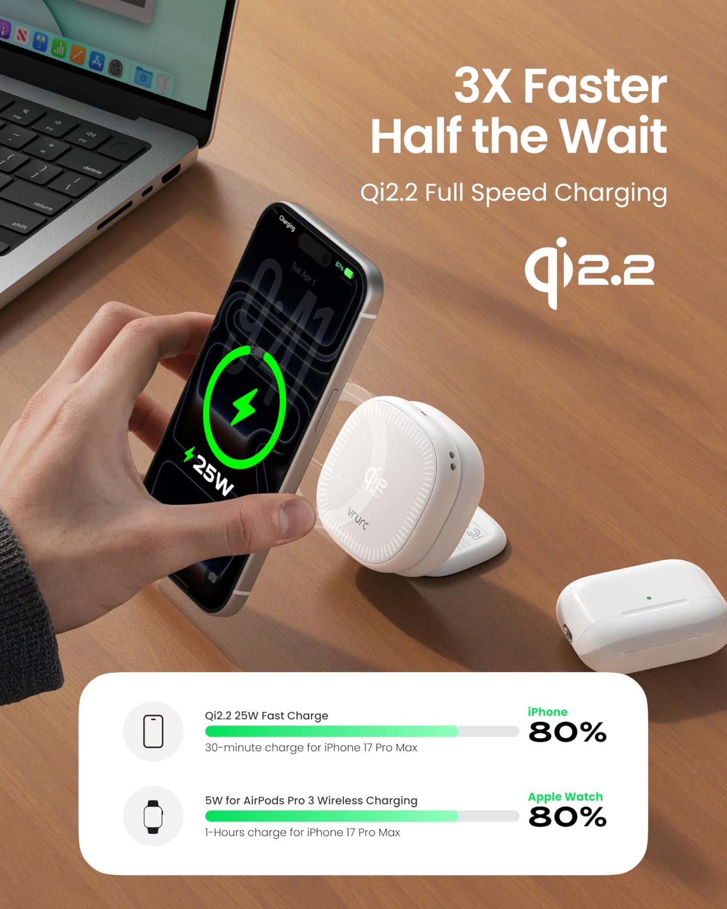 VRURC 3 in 1 Charging Station for Apple,Qi2.2 25W Magnetic Wireless Charger